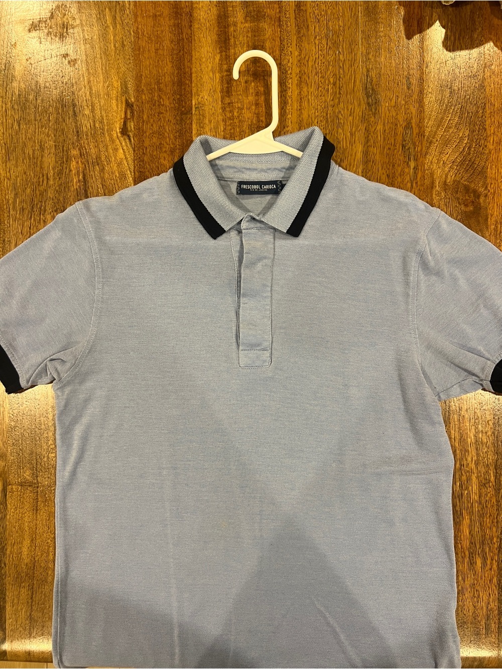 Frescobol Carioca mens light blue short sleeve polo with navy trim MED